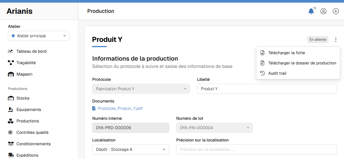 Interface du module Production Arianis : fiche de production Produit Y avec options de téléchargement