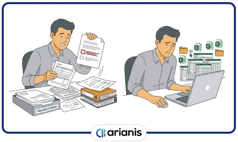 Illustration : gestion de la traçabilité papier d'un côté, fichiers Excel éparpillés de l'autre
