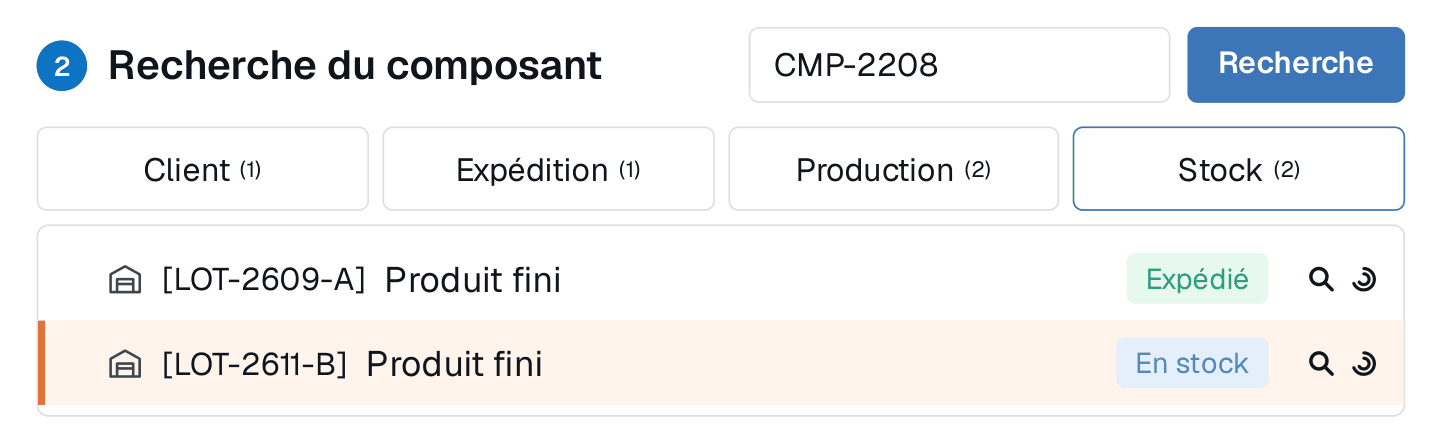 Module Traçabilité d'Arianis : la recherche du composant CMP-2208, onglet Stock, retrouve LOT-2609-A expédié et LOT-2611-B encore en stock