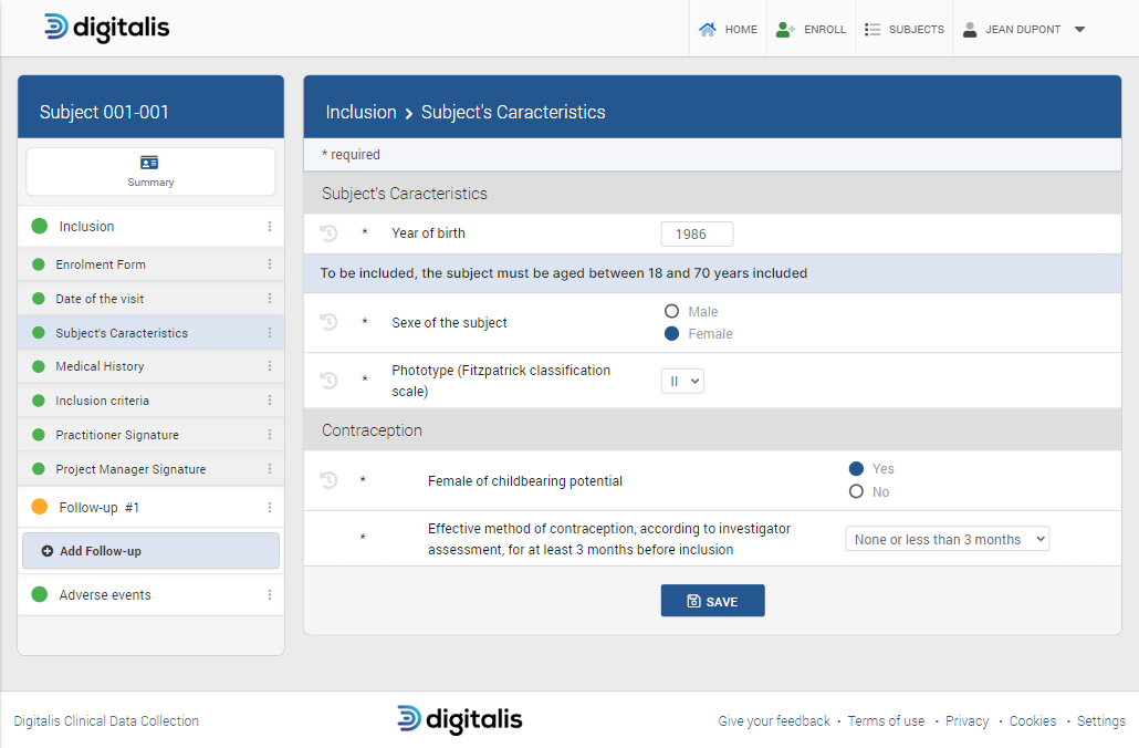 Interface eCRF : Saisie patient