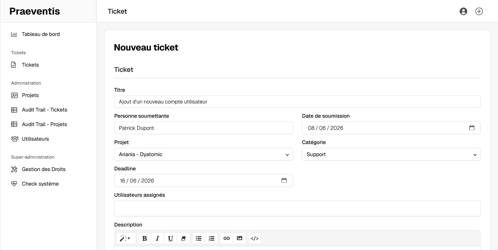 Emplacement screenshot création d'un ticket Praeventis